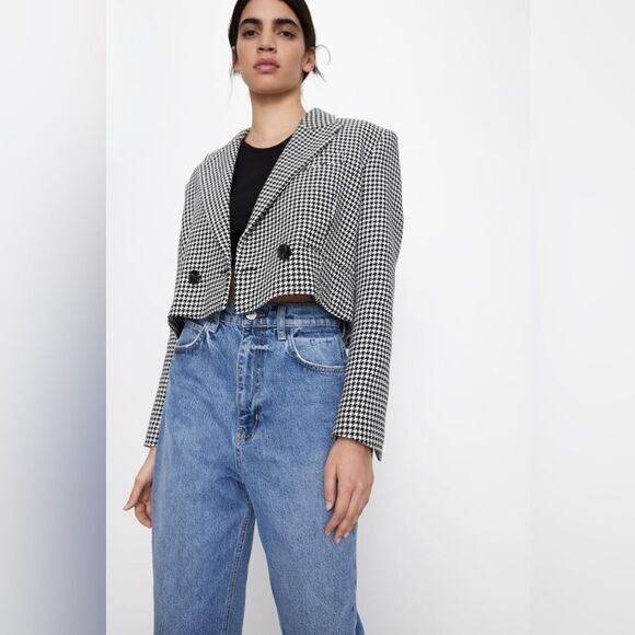 Zara Cropped Houndstooth Boxy Fit Blazer Double Breasted Size Large Blogger Fave - Picture 15 of 15